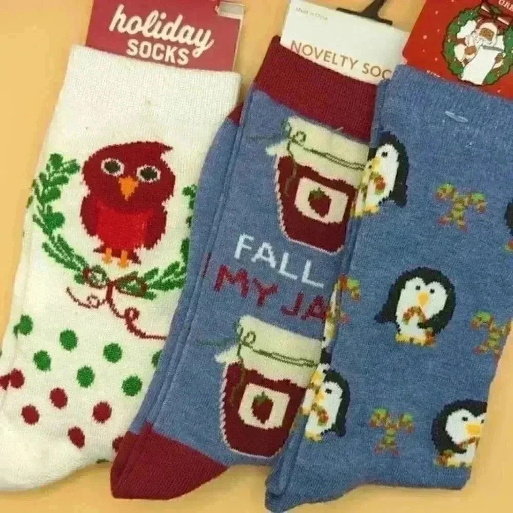 Fun Sock Bundle - Three pairs of socks jam, penguin, owl polka dot Holiday